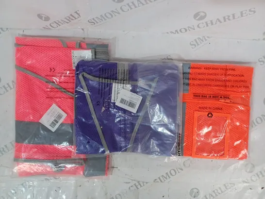 APPROXIMATELY 5 ASSORTED HI-VIS SAFETY VESTS IN VARIOUS COLOURS AND SIZES