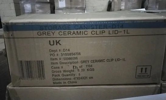 PALLET OF APPROXIMATELY 30 X BOXES OF BRAND NEW GEORGE HOME 500ML GREY CERAMIC CLIP LID JARS - 24 JARS PER BOX AND 10 X BOXES OF BRAND NEW GEORGE HOME 1L GREY CERAMIC CLIP LID JARS - 8 JARS PER BOX 