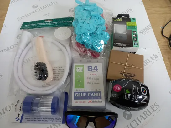 LOT OF ASSORTED HOUSEHOLD ITEMS TO INCLUDE INTEGRAL LED LIGHT, BATH SHOWER HOSE AND GLUE CARD