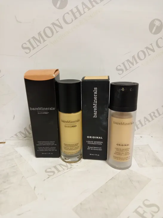 LOT OF 2 BAREMINERALS PRODUCTS TO INCLUDE BAREPRO PERFORMANCE LIQUID FOUNDATION 30ML - CAMEL 17 & LIQUID MINERAL FOUNDATION 30ML - FAIRLY MEDIUM 05