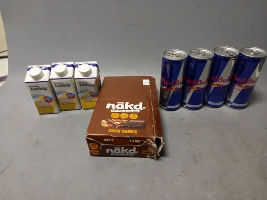 LOT OF APPROXMATELY 8 ITEMS TO INCLUDE  - REDBULLS, FORTISIP, AND NAKD COCOA ORANGE ETC. 