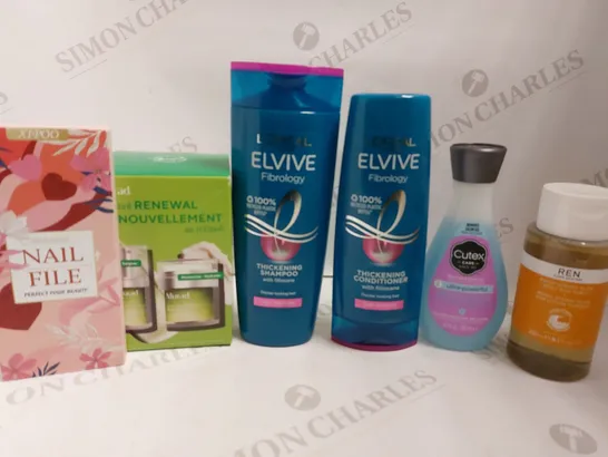 BOX OF APPROX 10 COSMETIC ITEMS TO INCLUDE ELVIVE FIBROLOGY SHAMPOO, MURAD RETINOL RENEWAL AND REN DAILY TONIC