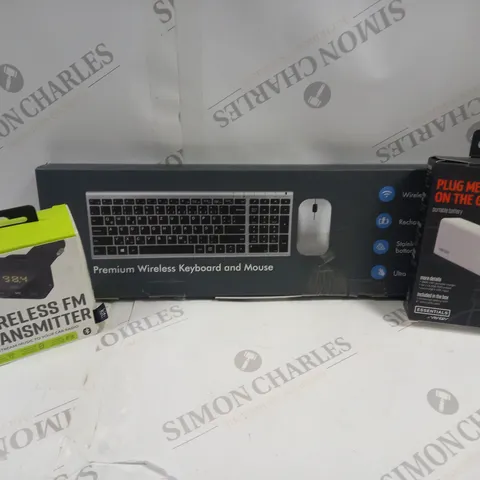APPROXIMATELY 15 ASSORTED ELECTRICAL ITEMS TO INCLUDE WIRELESS KEYBOARD AND MOUSE, PORTABLE CHARGER, KIT: WIRELESS FM TRANSMITTER, ETC