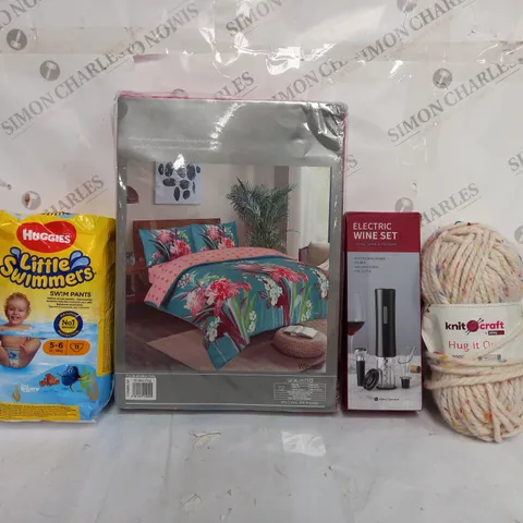 BOX OF APPROXIMATELY 15 ASSORTED ITEMS TO INCLUDE - HUGGIES LITTLE SWIMMER NAPPIES  - WINE SET  - DUVET SET FOR KING SIZE ECT