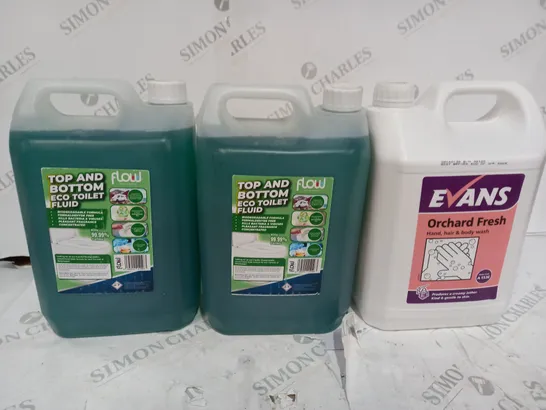 SET OF 3 ITEMS TO INCLUDE 2 X FLOW TOP AND BOTTOM TOILET FLUID & EVANS ORCHAD FRESH BODY WASH - COLLECTION ONLY