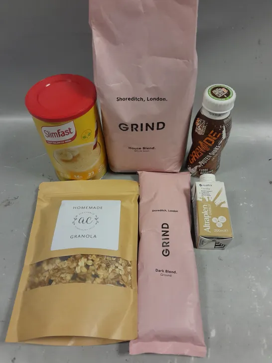 APPROXIMATELY 10 ASSORTED FOOD & DRINK PRODUCTS TO INCLUDE GRIND COFFEE, SLIMFAST MEAL REPLACEMENT, GRENADE PROTEIN DRINK ETC 