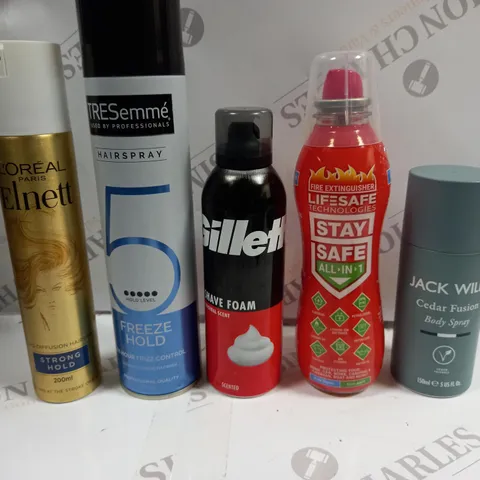 BOX OF APPROX 15 ASSORTED AEROSOLS TO INCLUDE LOREAL PARIS STRONG HOLD, GILLETE SHAVE FOAM, JACK WILLS BODY SPRAY - COLLECTION ONLY