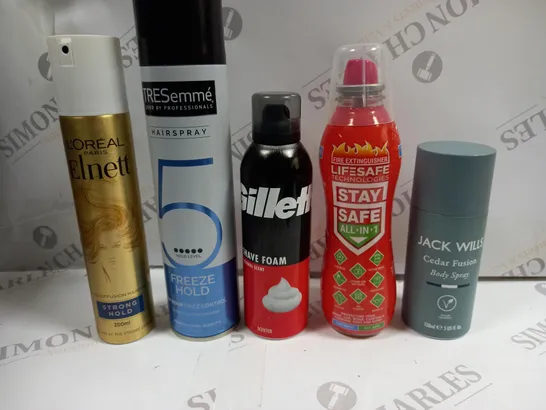 BOX OF APPROX 15 ASSORTED AEROSOLS TO INCLUDE LOREAL PARIS STRONG HOLD, GILLETE SHAVE FOAM, JACK WILLS BODY SPRAY - COLLECTION ONLY