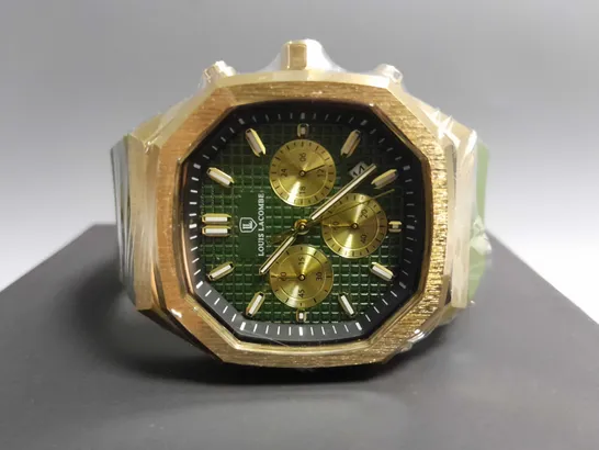 MENS LOUIS LACOMBE CHRONGRAPH WATCH – 3 SUB DIALS – GOLD COLOUR CASE – GREEN RUBBER STRAP