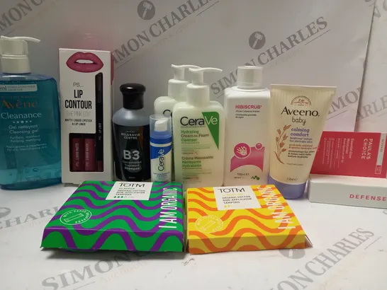 BOX OF APPROX 10 ASSORTED BEAUTY PRODUCTS TO INCLUDE CERAVE HYDRATING CLEANSER, AVEENO BABY BEDTIME LOTION, PAULA'S CHOICE ESSENTIAL GLOW MOISTURISER, ETC 