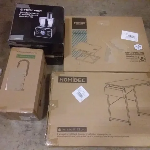 PALLET OF ASSORTED ITEMS INCLUDING HOMIDEC DESK, FENGE STANDING DESK, TOPCHEF MULTIFUNCTIONAL FOOD PROCESSOR, AIR MULTIPLIER TOWER FAN, NEST OF TABLES, SHOWER CADDY