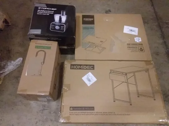 PALLET OF ASSORTED ITEMS INCLUDING HOMIDEC DESK, FENGE STANDING DESK, TOPCHEF MULTIFUNCTIONAL FOOD PROCESSOR, AIR MULTIPLIER TOWER FAN, NEST OF TABLES, SHOWER CADDY