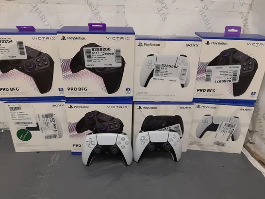 10 ASSORTED SONY PLAYSTATION CONTROLLERS IN VARIOUS COLOURS AND TYPES TO INCLUDE SONY, VICTRIX, ETC