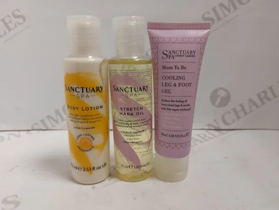 BOX OF 3 SANCTUARY SPA ITEMS TO INCLUDE MUM TO BE COOLING LEG AND FOOT GEL, BODY LOTION, MUM TO BE STRETCH MARK OIL