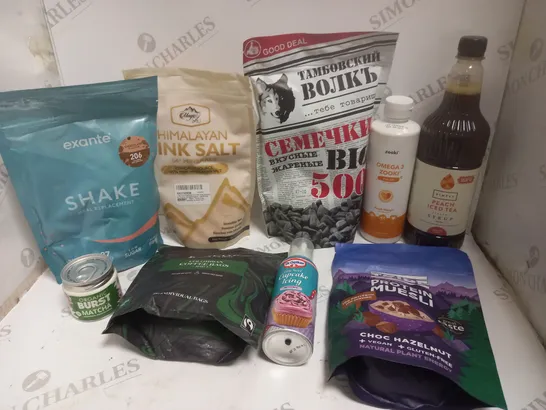 APPROXIMATELY 15 ASSORTED FOOD & DRINK PRODUCTS TO INCLUDE HIMALAYAN PINK SALT, ZOOKI FISH OIL, TRIBE PROTEIN MUESLI ETC 