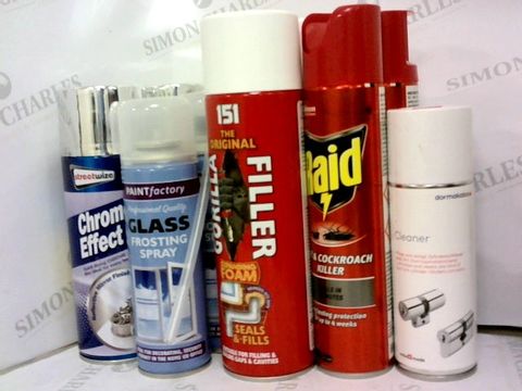 APPROXIMATELY 15 ASSORTED AREOSOL SPRAYS TO INCLUDE; RAID, DORMAKABA, 151, PAINTFACTORY AND STREETWIZE