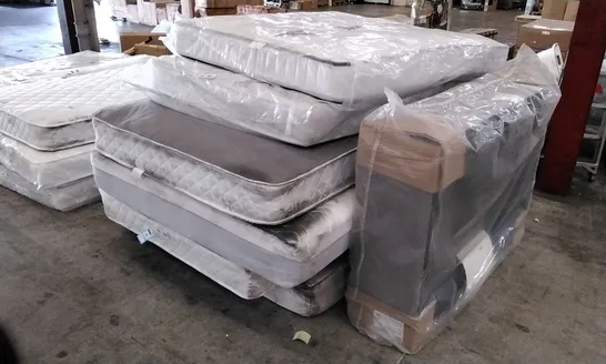 STACK OF APPROXIMATELY 6 ASSORTED MATTRESSES AND BED BASE 