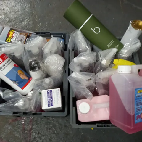 4 CRATES OF ASSORTED HOUSEHOLD ITEMS TO INCLUDE REED DIFFUSER, LIQUID SANDER AND ROUNDUP - COLLECTION ONLY