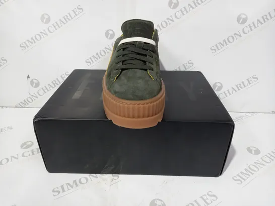 BOXED PAIR OF PUMA FENTY PLATFORM SUEDE SHOES IN GREEN/MUSTARD YELLOW UK SIZE 6