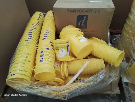 PALLET CONTAINING 3 CASES OF 48 EACH SHARPGUARD YELLOW 2.5 HAZARDOUS WASTE BUCKETS & QUANTITY LOOSE