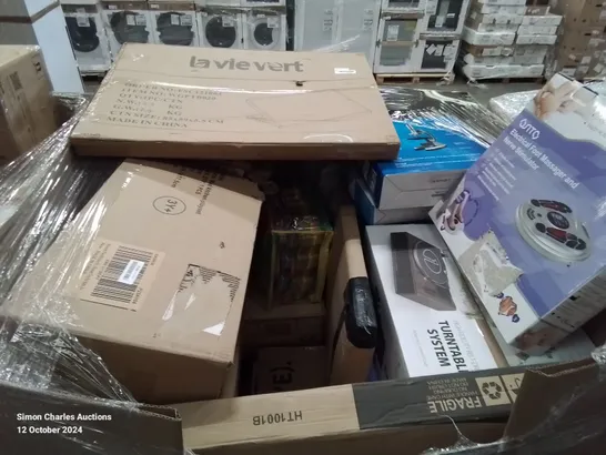 PALLET CONTAINING VARIOUS ASSORTED ITEMS TO INCLUDE: ELECTRIC FOOT MASSAGER, TURNTABLE SYSTEM, KIDS MUD KITCHEN PLAYLET AND LOTS MORE UNMARKED BOXED ITEMS