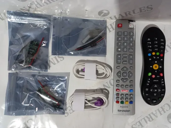 APPROXIMATELY 10 ASSORTED HOUSEHOLD ITEMS TO INCLUDE VIRGIN MEDIA REMOTE, SHARP AQUOS REMOTE, ETC