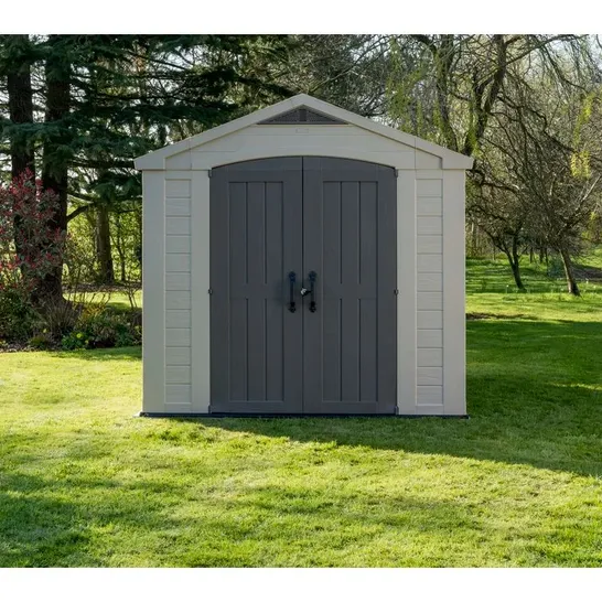 BOXED KETER FACTOR 8FT W X 8FT D APEX OUTDOOR GARDEN SHED (2 BOXES)