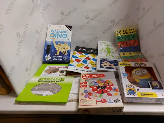 LOT OF ASSORTED TOYS AND GAMES FOR CHILDREN TO INCLUDE WIIFITPLUS, BALANCING GAME, AND BOB MINI-ON LIGHT ETC.