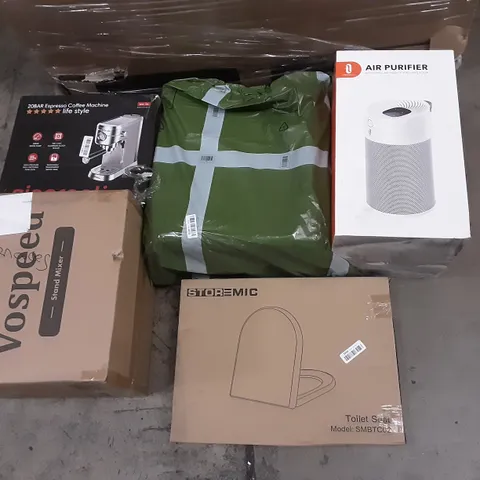 PALLET OF ASSORTED PRODUCTS INCLUDING STOREMIC TOILET SEAT, VOSPEED STAND MIXER, TROTRONIC AIR PURIFIER, SINCREATIVE ESPRESSO COFFEE MACHINE, VIPMOON LED CEILING LIGHT