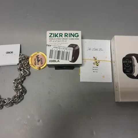 BOX OF APPROXIMATELY 15 ITEMS TO INCLUDE - ZIKR RING , ASOS DESIGN CHAIN , STB SECURE THAT BAG ETC