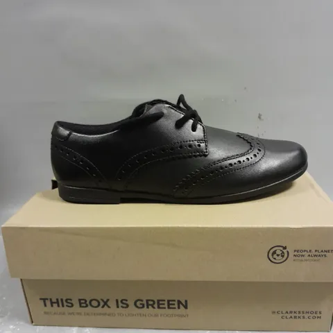 BOXED PAIR OF CLARKS SCALA LACE BLACK LEATHER SHOES - 4.5