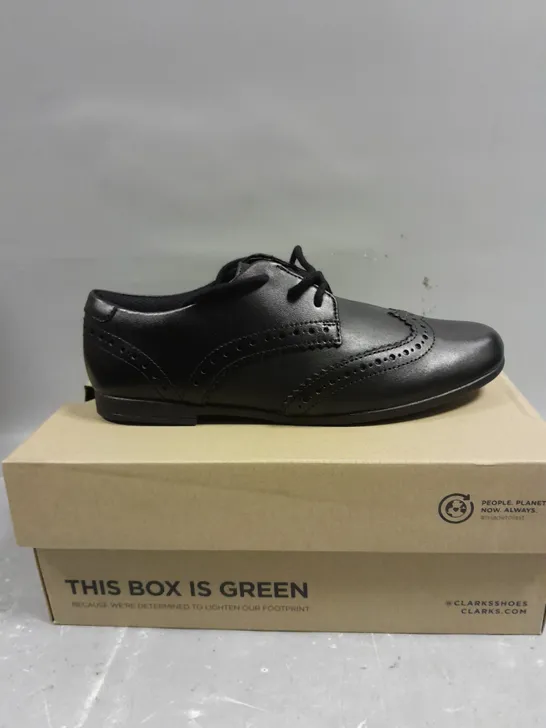 BOXED PAIR OF CLARKS SCALA LACE BLACK LEATHER SHOES - 4.5