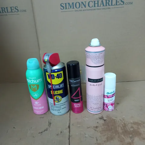 APPROXIMATELY 10 ASSORTED AEROSOLS TO INCLUDE NUSUK AIR FRESHENER, WD-40, AND MITCHUM POWDER FRESH ETC.