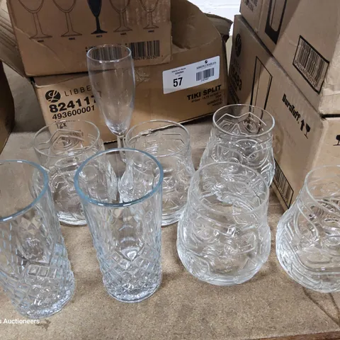 TWO BOXES OF ASSORTED GLASSWARE, INCLUDING, 12 × 152cc STEM, 5 × LIBBEY TIKI SPLIT TUMBLERS & 2 OTHER TALL TUMBLERS.( 2 BOXES )