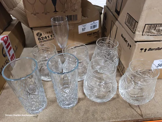 TWO BOXES OF ASSORTED GLASSWARE, INCLUDING, 12 × 152cc STEM, 5 × LIBBEY TIKI SPLIT TUMBLERS & 2 OTHER TALL TUMBLERS.( 2 BOXES )