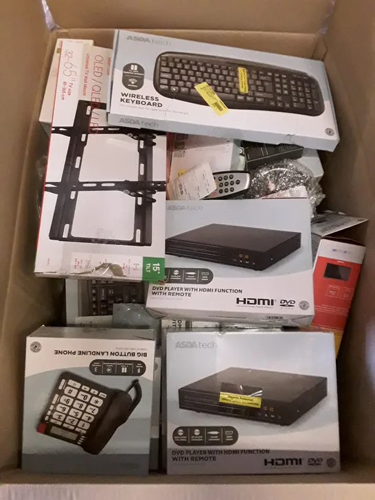 BOX OF ASSORTED ELECTRONIC PRODUCTS INCLUDING TV MOUNT, KEYBOARDS, REMOTES, DVD PLAYERS