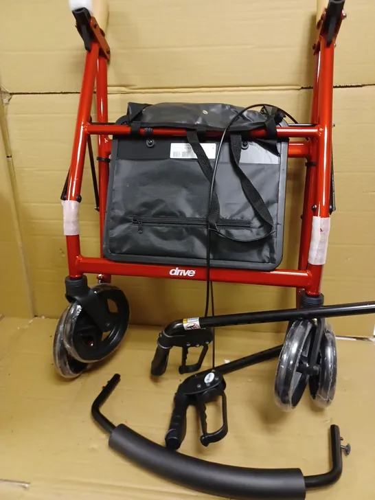 DRIVE R8 RED ALUMINIUM ROLLATOR WITH PADDED SEAT AND VINYL UNDERSEAT BAG