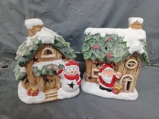 FESTIVE SET OF 2 LIT CERAMIC SANTA/SNOWMAN HOUSE CHRISTMAS DECORATIONS 