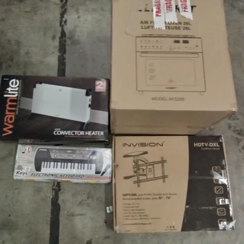 PALLET OF ASSORTED ITEMS INCLUDING AIR FRYER OVEN, INVISION LOW PROFILE DOUBLE ARM MOUNT, ELECTRONIC KEYBOARD, WARMLITE CONVECTOR HEATER, TEFAL AIR FRYER