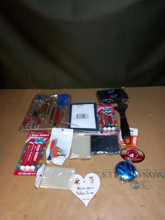 BOX OF ASSORTED ITEMS TO INCLUDE BINGO PENS, TOOLS AND HOT GLUE GUN STICKS