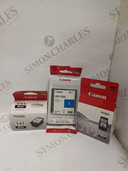 ASSORTMENT OF 3 CANON PRINTER INK CARTRIDGES TO INCLUDE BLACK 545, BLACK 510 & PFI-120C