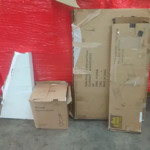 PALLET OF ASSORTED ITEMS INCLUDING SHOWER VALVE, GARMENT STEAMER, TV WALL MOUNT