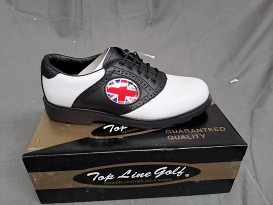 BOX OF APPROXIMATLY 10 BOXED PAIRS OF BLACK AND WHITE TOP LINE GOLF SHOES IN VARIOUS SIZE 