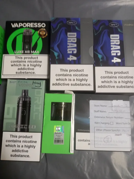 LOT OF 12 ASSORTED VAPING ITEMS AND ACCESSORIES TO INCLUDE VAPORESSO AND VOOPOO