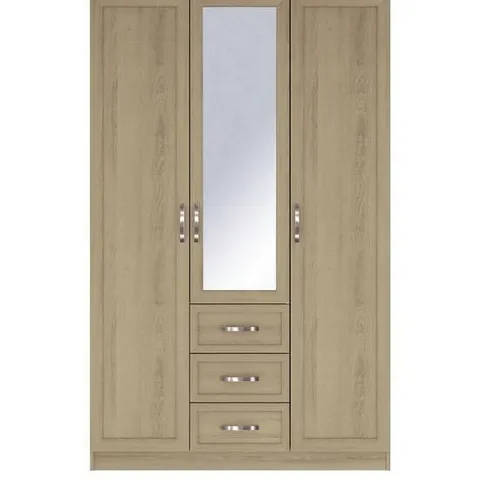 BOXED GRADE 1 CAMBERLEY 3 DOOR 3 DRAWER MIRRORED WARDROBE LIGHT OAK (2 BOXES)