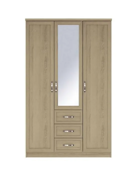 BOXED GRADE 1 CAMBERLEY 3 DOOR 3 DRAWER MIRRORED WARDROBE LIGHT OAK (2 BOXES)