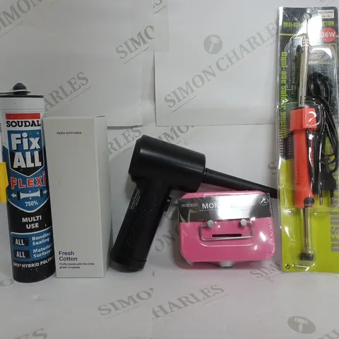 BOX OF APPROXIMATELY 10 ASSORTED ITEMS TO INCLUDE - MONEY BOX , DUAL USE SOLDER SUCTION , REED DIFFUSER FRESH COTTON ETC