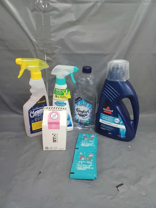 APPROXIMATELY 18 HOUSEHOLD CLEANING PRODUCTS TO INCLUDE BISSELL CARPET CLEANER, SMOL WASHING UP LIQUID AND COMFORT INTENSE