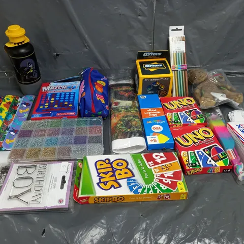 BOX OF ASSORTED TOYS AND GAMES TO INCLUDE UNO, DIAMOND PAINTINGS AND PENCIL CASES