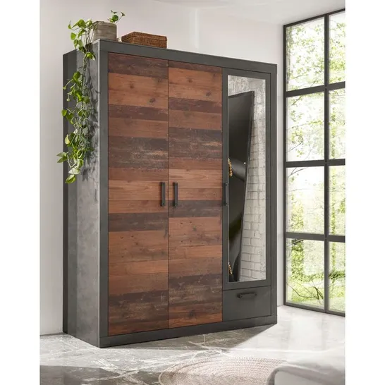 BOXED HEIEOR 3 DOOR ENGINEERED WOOD WARDROBE (INCOMPLETE, 4 OUT OF 5 BOXES PRESENT, ONE BOX MISSING)